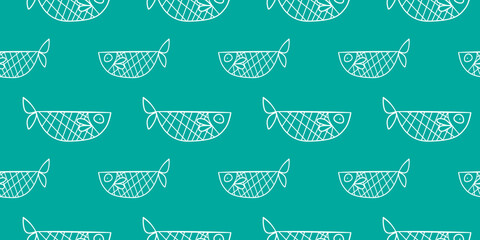 Seamless Pattern of Stylized White Fish on a Teal Background for Textile Design
