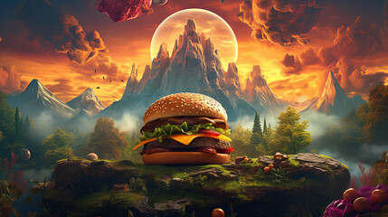 A huge juicy cheeseburger lies in the grass against the background of a full moon and mountains. Fantastic and creative fast food advertising. - obrazy, fototapety, plakaty