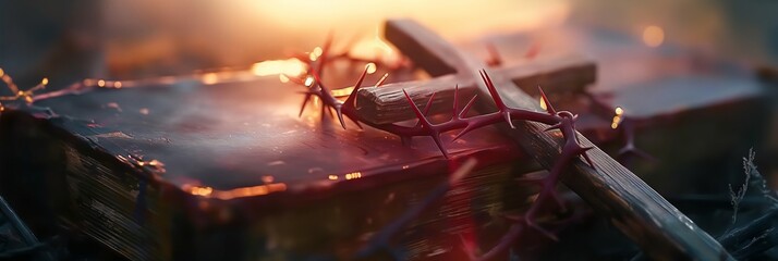 Holy Bible, Crown of thorns, wooden cross on backdrop of sunset. Christian Easter concept. Space for text. Close up. Place for text. - obrazy, fototapety, plakaty