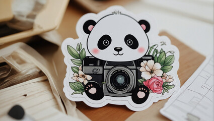sticker of a panda with a camera lies on the table