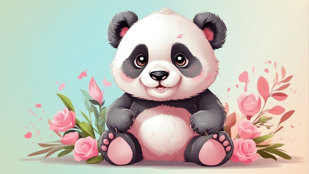 cute panda malish sitting on a blue background with pink flowers