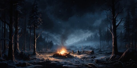 Campfire Burning Bright in a Snowy Forest Generative AI