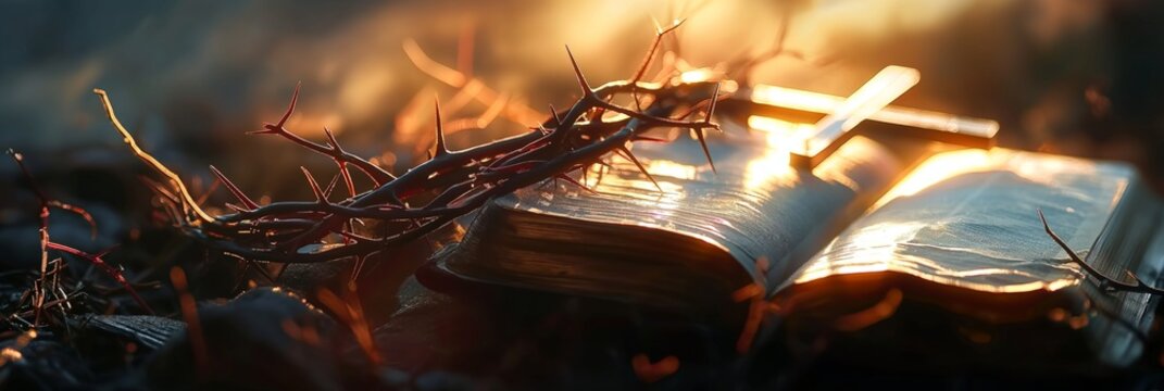 Holy Bible, Crown of thorns, wooden cross on backdrop of sunset. Christian Easter concept. Space for text. Close up. Place for text.