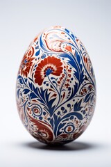 A close-up shot of an Easter egg painted with a detailed, intricate design, held up against a white background. The focus should be on the details of the design. 