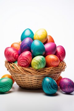 A high-angle shot of a basket filled with brightly colored Easter eggs on a white background. The eggs should be the main focus, with the basket subtly in the background. 