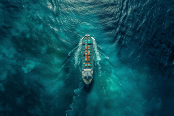 A massive cargo ship laden with containers braves the tumultuous sea, cutting through towering ocean waves as a storm looms on the horizon.. - obrazy, fototapety, plakaty