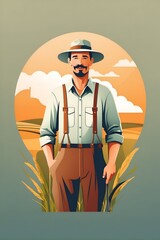 Man in Hat and Overalls Standing in Field, Simple, Clear, and Informative Photo. Generative AI. - 746579233