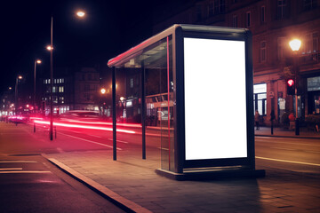 Blank advertisement billboard mockup at a bus stop with city road background