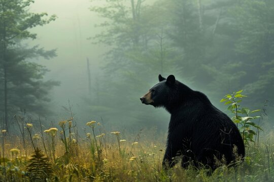 Generative AI image of photograph of a black bear in the smoky mountains. atmospheric interpretation