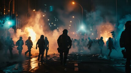 Riots in night city - obrazy, fototapety, plakaty