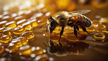close-up of a bee sitting on honey