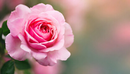 Horizontal banner with pink rose on blurred background. Beautiful nature.