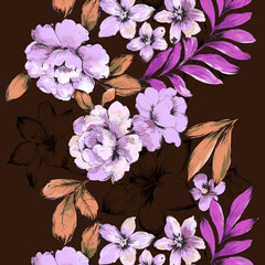 All Over Floral Digital Printed pattern. Digital textile design hand drawn motifs beautifu flowers.