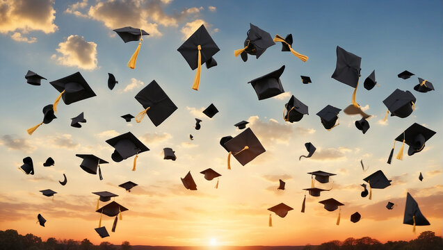 I throw graduation caps into the air against the backdrop of the sunset. high school graduation