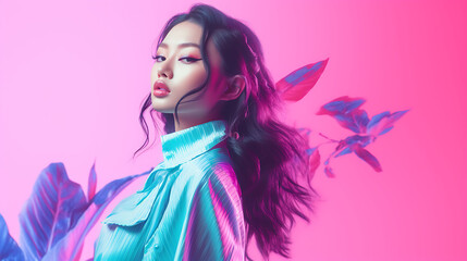 Fototapeta premium Young beautiful asian woman isolated on vaporwave background