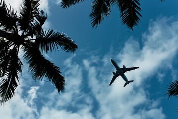 Fototapeta na wymiar Airplane against bright sky and palm trees 