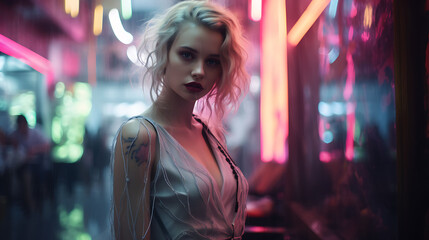 Beautiful Scandinavian woman with model looks, exploring a cyberpunk market with neon signs