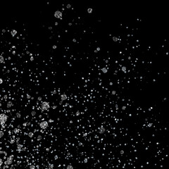 White snow overlay layer on black background, snowflakes bokeh and snowfall for Christmas and holiday design concept