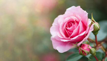 Horizontal banner with pink rose on blurred background. Beautiful nature.