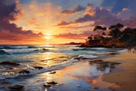 Painting of a Sunset on a Beach Generative AI © j@supervideoshop.com