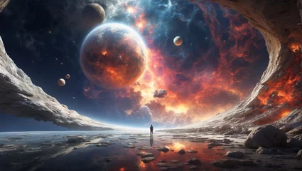 Poster a man in space stands against the background of planets, the universe © woodbe