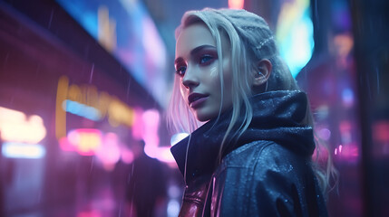 Beautiful Scandinavian woman with model looks, filming a video on a cyberpunk street with futuristic displays. - obrazy, fototapety, plakaty