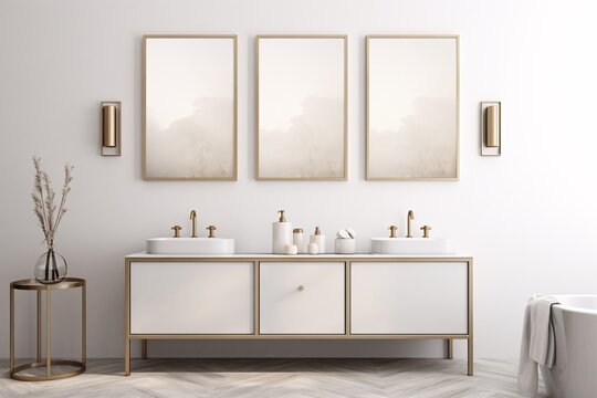 a bathroom with a double sink and three framed mirrors