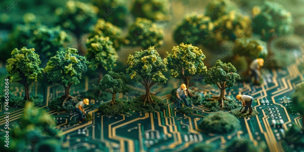 Poster interconnection of nature and technology. macro view of green circuitry amidst the digital landscape
