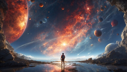 a man in space stands against the background of planets, the universe