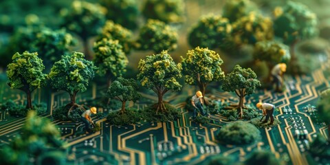 Interconnection of Nature and Technology. Macro View of Green Circuitry Amidst the Digital Landscape. Examining the Intricacies of Electronic Hardware and Circuit Boards