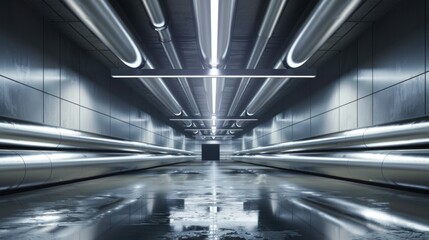 Empty underground tunnel with drainage system and metal pipes for transporting water and gas with long ceiling electrical cables. - obrazy, fototapety, plakaty
