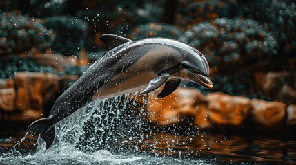 Fototapeta premium Close-up photograph of a playful dolphin jumping out of the water, showing off its adorable antics