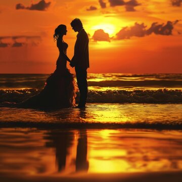 Generative AI image of romantic sunset scene with a newlywed couple silhouetted against a vibrant orange sky. They are standing on a beach, holding hands, with gentle waves rolling in the background. 