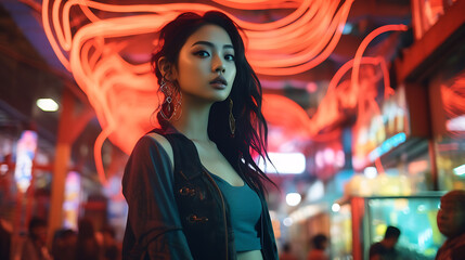 Beautiful Asian woman with model looks, exploring a cyberpunk market with neon signs.