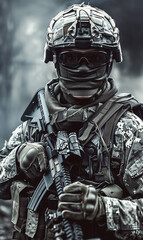 Professional military soldier wearing camouflage and holding an assault rifle stands at the ready.