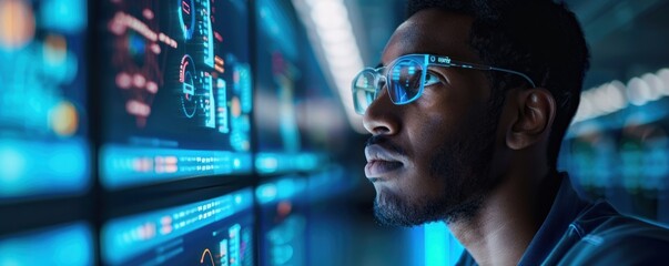 male technician or scientist working with technology, likely in a laboratory or research facility. He appears focused and engaged with the task at hand