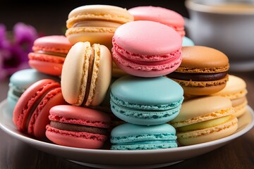 Colorful macarons and coffee on bustling city cafe table in vibrant street setting - 746581655