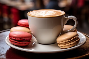 Assorted macarons and a steaming cup of coffee on a vibrant city cafe table - 746581662