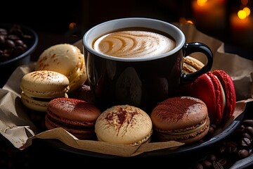 Assorted french macarons and steaming cup of coffee on cafe table in busy urban setting - 746581687