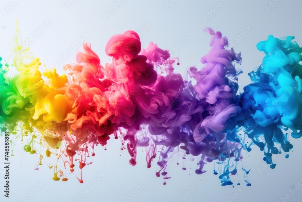 Poster a vibrant display of multicolored smoke clouds merging, creating a rainbow effect against a soft gra