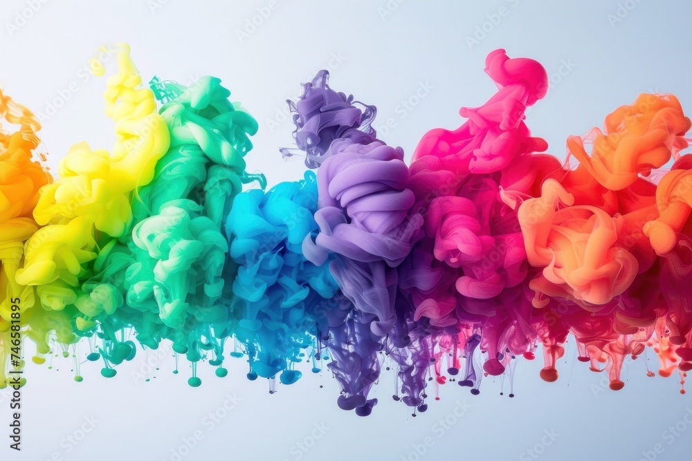 Poster a vibrant display of multicolored smoke clouds merging, creating a rainbow effect against a soft gra