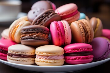 Colorful macaron cookies and coffee on city cafe table, creating tempting urban setting - 746581814