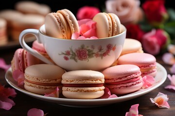 Vibrant macaron cookies and coffee on bustling city cafe table with lively urban atmosphere - 746581818
