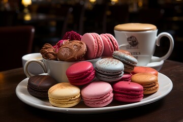 Colorful macarons and coffee on busy cafe table in city setting, vibrant urban dessert scene - 746581824