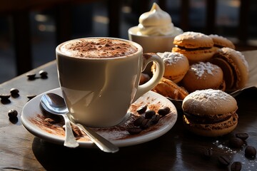 Vibrant macaron cookies and steaming coffee on a busy city cafe table for relaxing break - 746581851