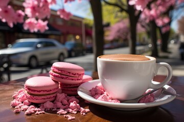 Vibrant macaron cookies and steaming coffee on a bustling city cafes table - 746581857