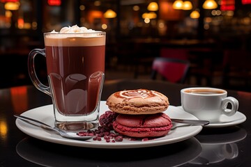 Assortment of vibrant macaron cookies and a steaming cup of coffee on a bustling city cafe table - 746581877
