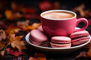 Colorful macaron cookies and hot coffee on busy city cafu00e9 table, vibrant urban cafe scene - 746581883