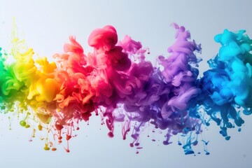 A vibrant display of multicolored smoke clouds merging, creating a rainbow effect against a soft gradient backdrop.