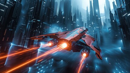 A sleek spaceship with glowing engines navigates between towering skyscrapers in a bustling sci-fi metropolis.